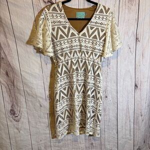 Judith March Crochet Cream and Brown Short Sleeve Bohemian Mini Dress Med NWOT